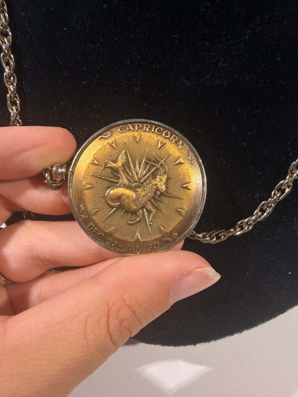 Vintage Capricorn Zodiac Pendant Necklace Brass Coin Charm 24" Chain